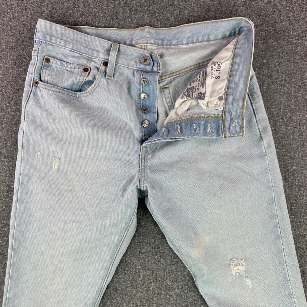 Levis Jeans Womens 31 501 S Skinny Light Wash Distressed Button Fly